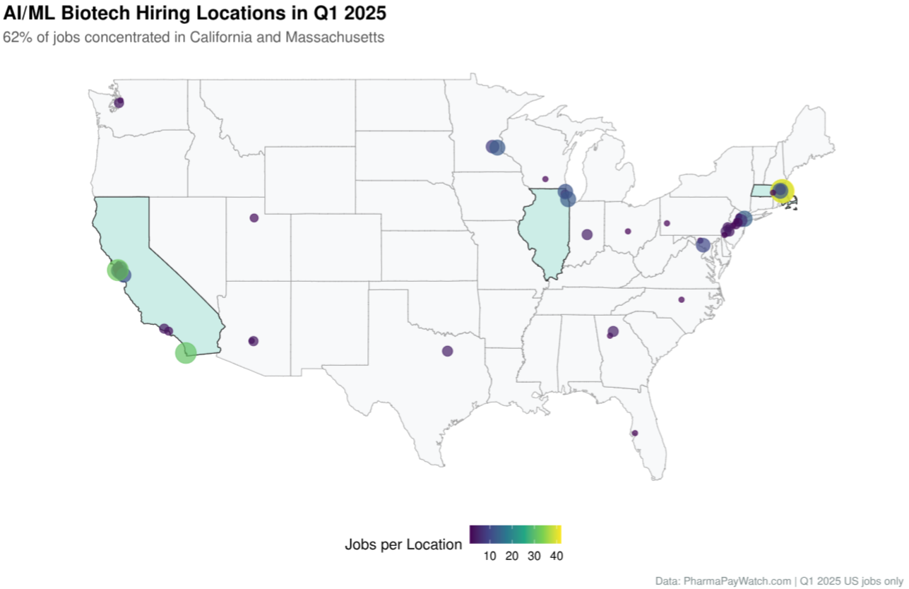 Map of AI/ML hiring locations for Q1 2025.