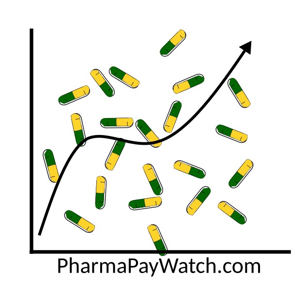 The logo of PharmaPayWatch.com, a graph with green and yellow pills